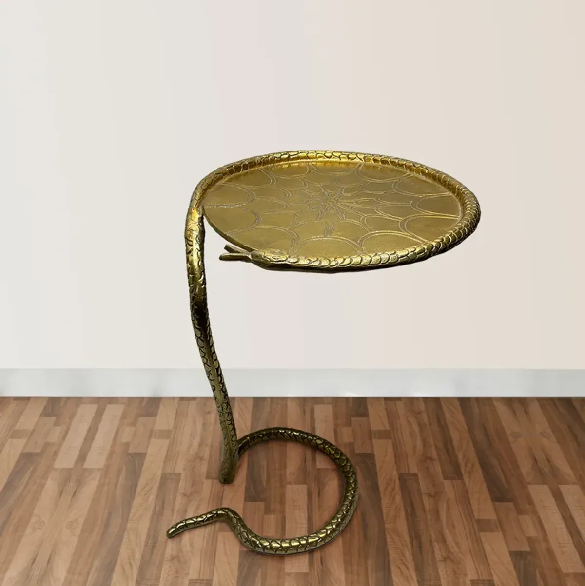 22 Inch Side End Table, Handcrafted Textured Snake Skin Pattern Base, Brass Aluminum - Benzara