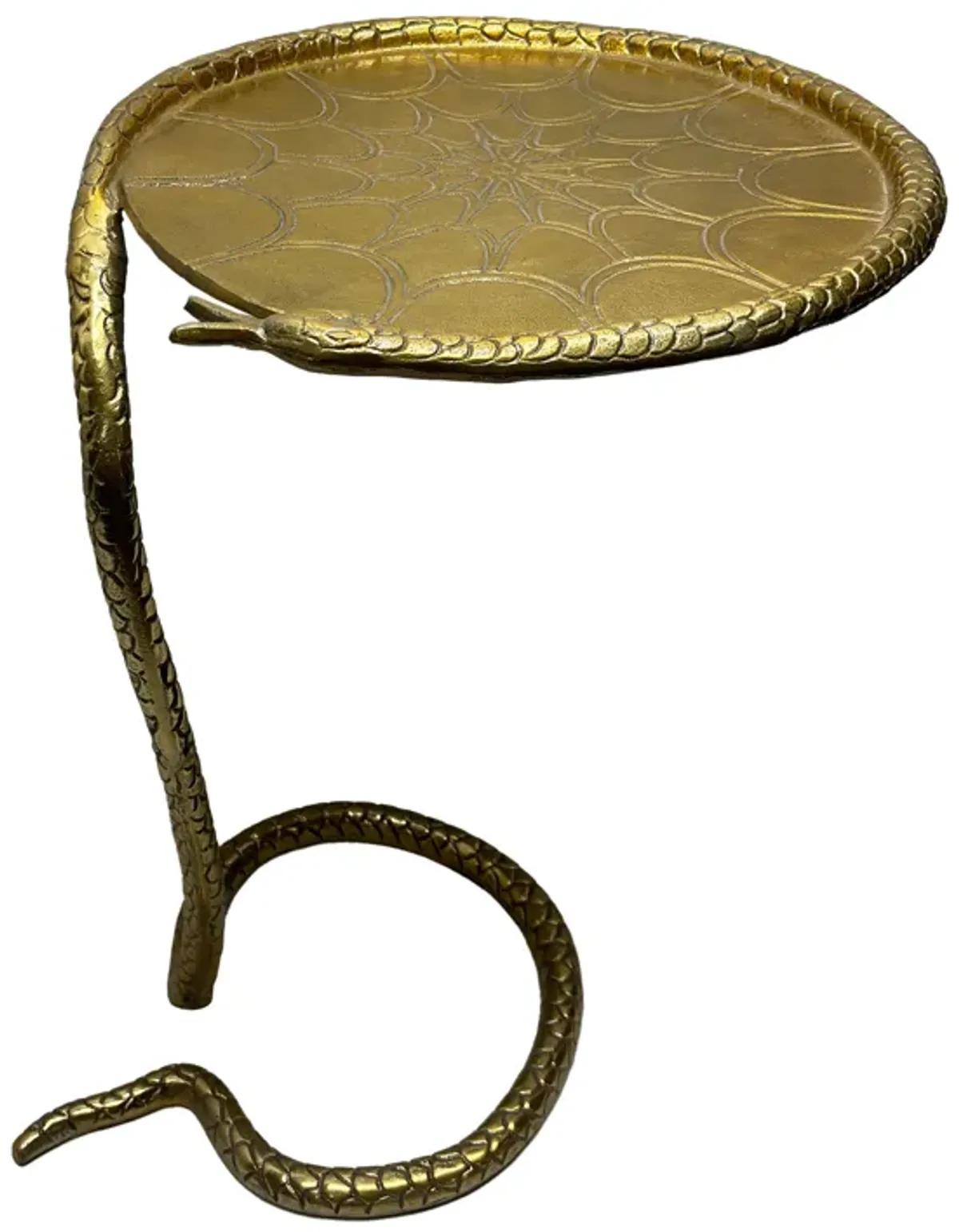 22 Inch Side End Table, Handcrafted Textured Snake Skin Pattern Base, Brass Aluminum - Benzara