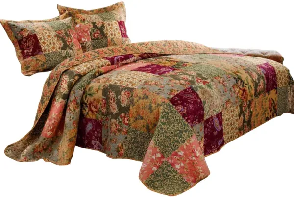 Kamet 3 Piece Fabric Queen Size Quilt Set with Floral Prints, Multicolor - Benzara