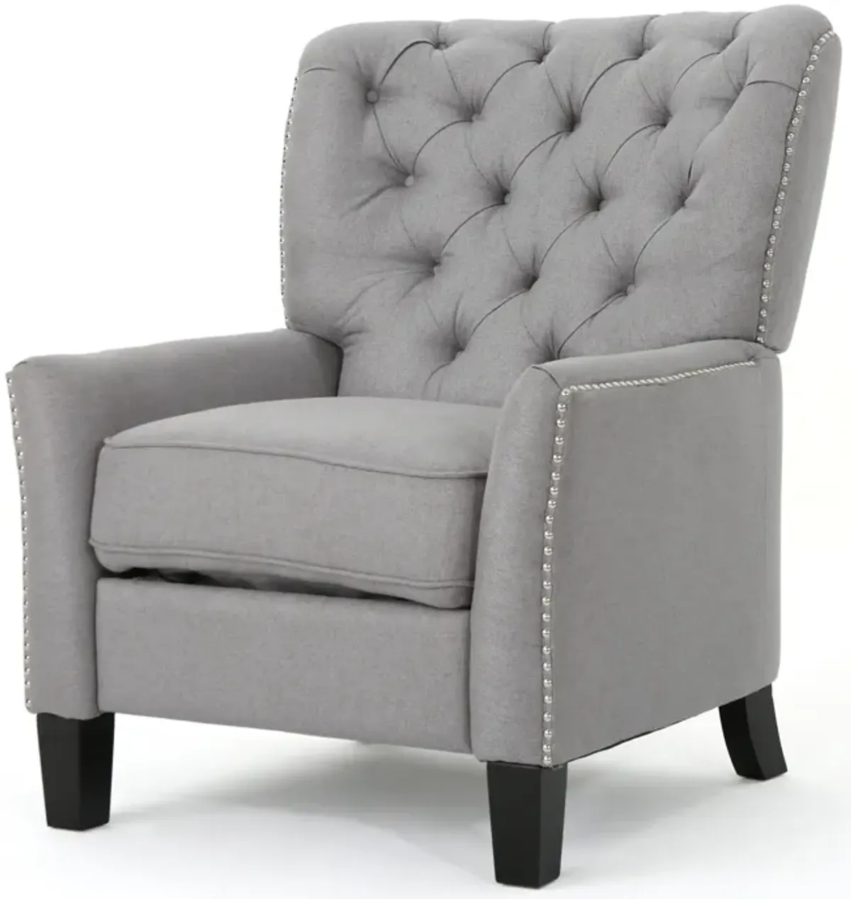 Push Back Recliner Chair, Modern Rivet Design Ergonomic, Light Gray Fabric - Benzara