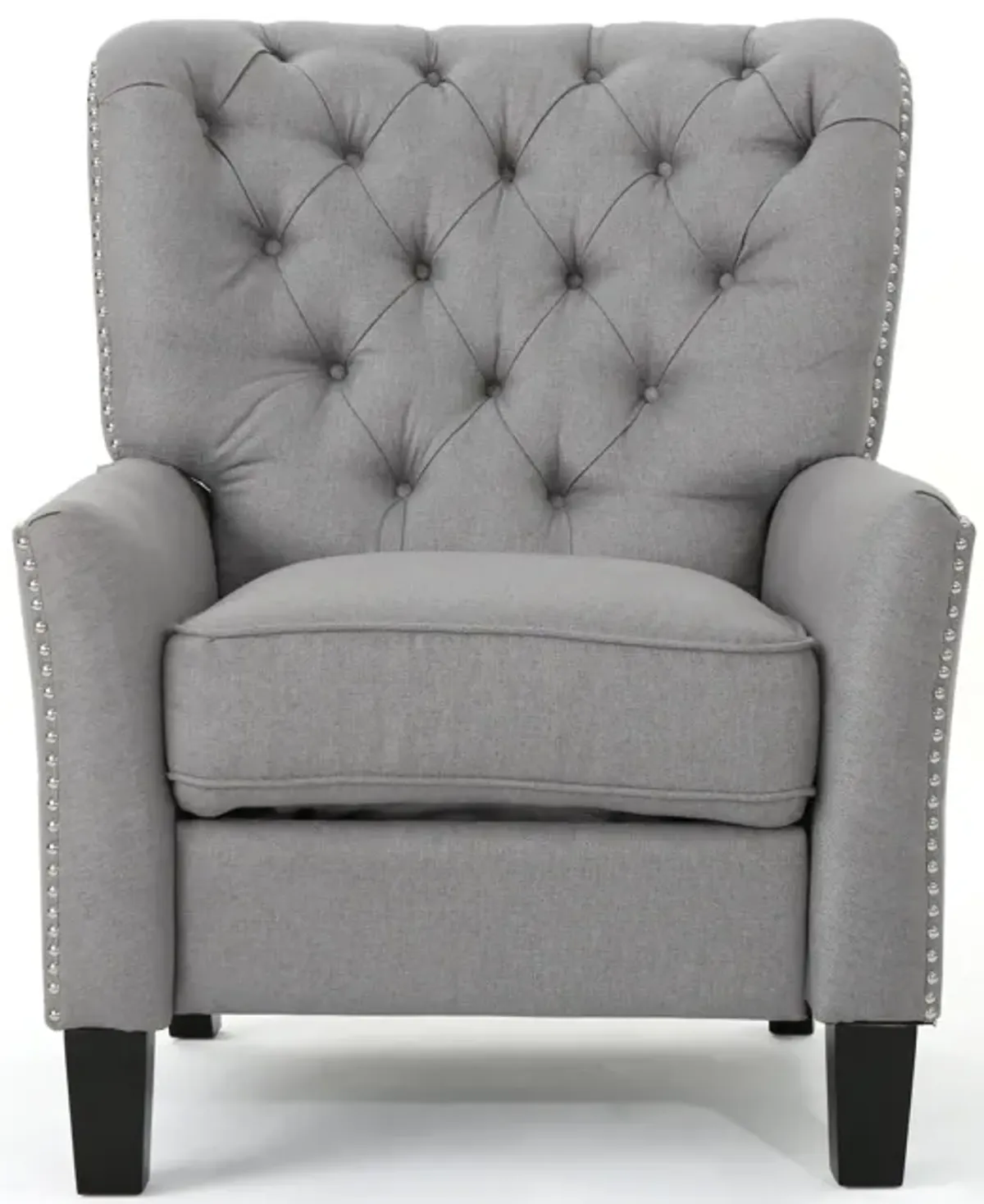 Push Back Recliner Chair, Modern Rivet Design Ergonomic, Light Gray Fabric - Benzara