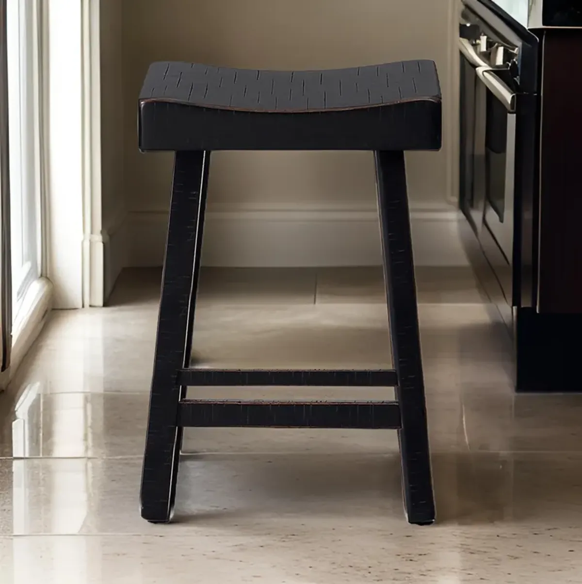 Bianca Counter Stool Set of 2, Saddle Seat, Farmhouses Black Solid Wood