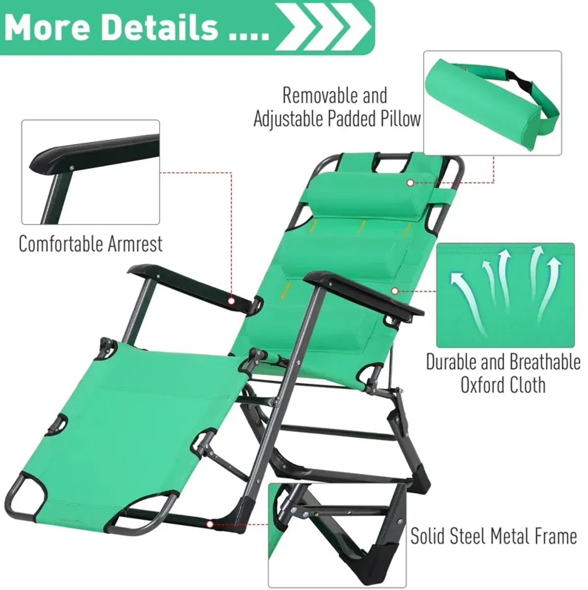 Green Poolside Recliner: Folding Metal Lounger with Curved Frame