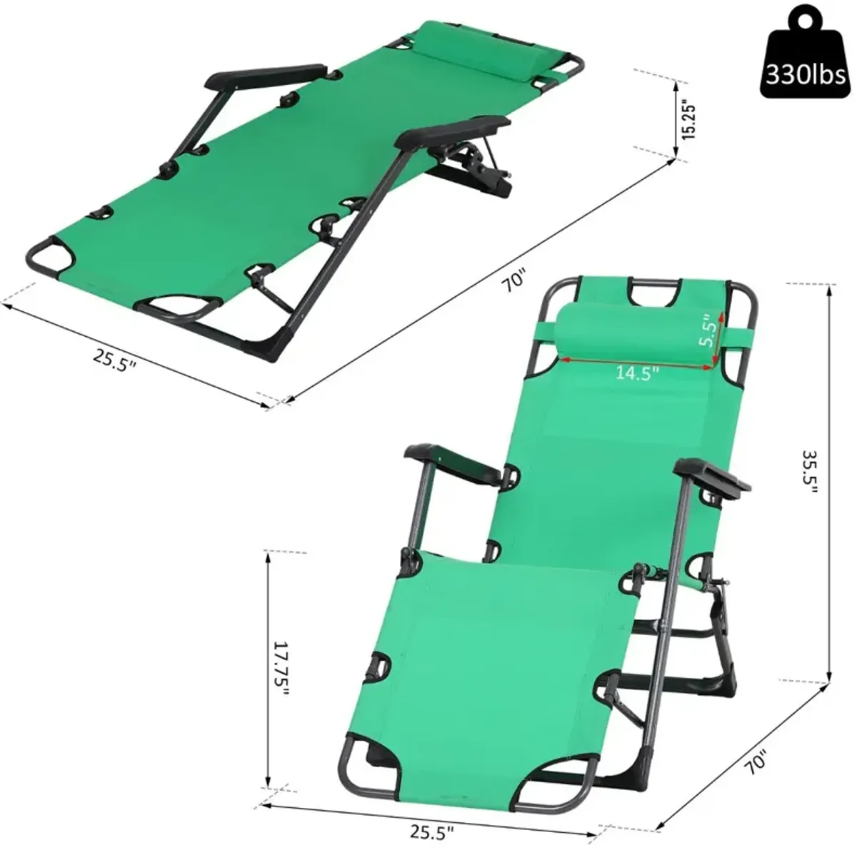 Green Poolside Recliner: Folding Metal Lounger with Curved Frame