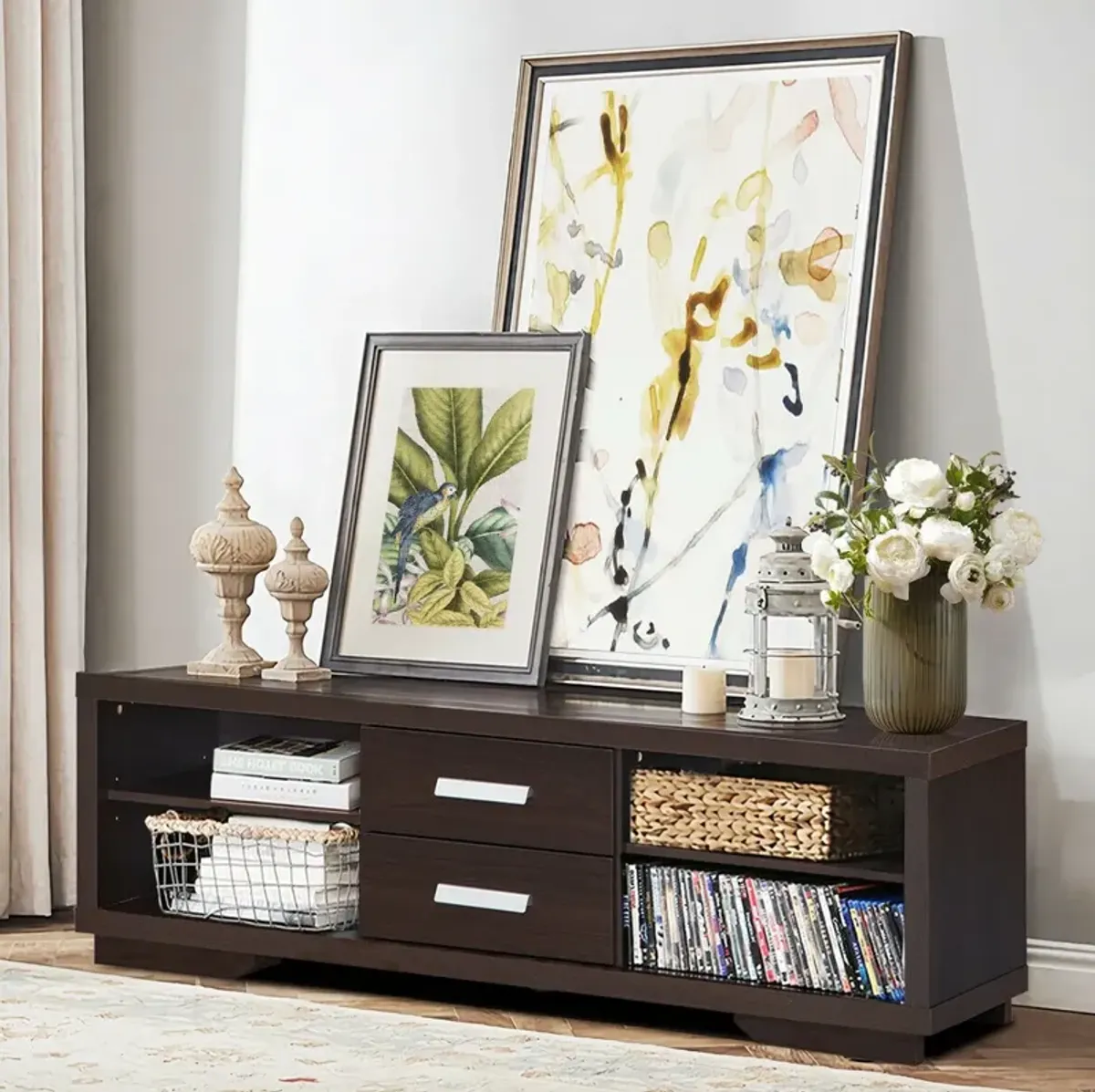 Modern TV Stand Entertainment Center with 2 Drawers and 4 Open Shelves