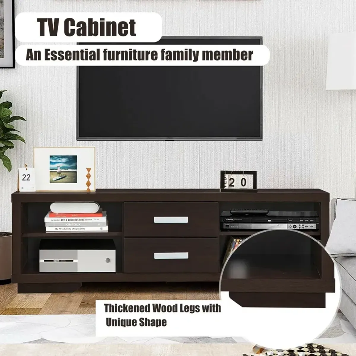 Modern TV Stand Entertainment Center with 2 Drawers and 4 Open Shelves