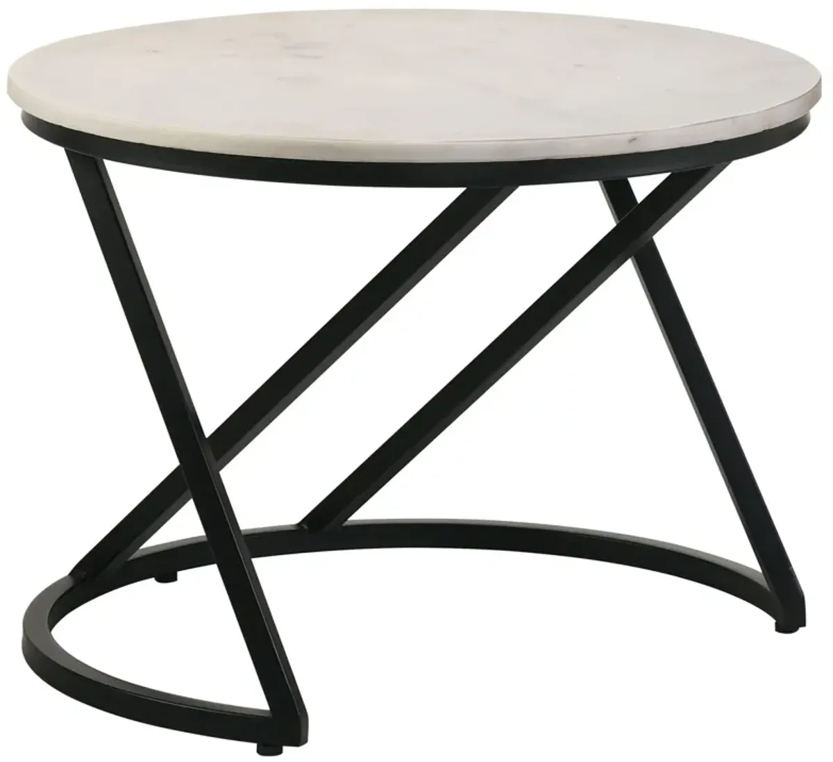 24 Inch Accent Coffee Table, White Marble Top, C Base, Black Metal Finish - Benzara