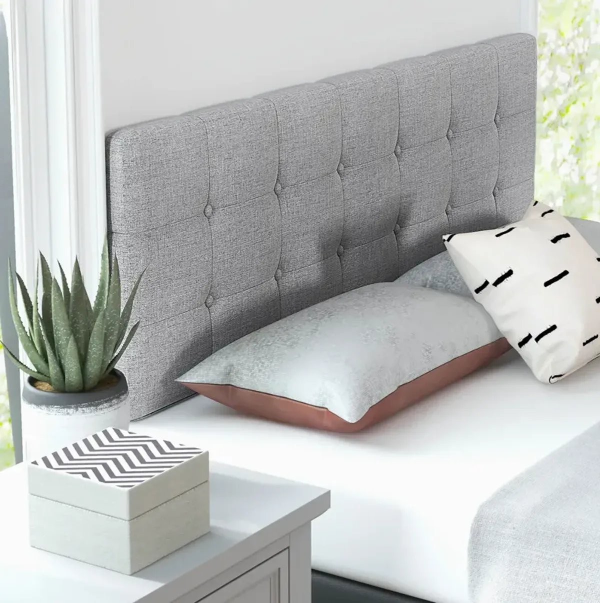 Linen Upholstered Headboard with Solid Rubber Wood Legs-Gray