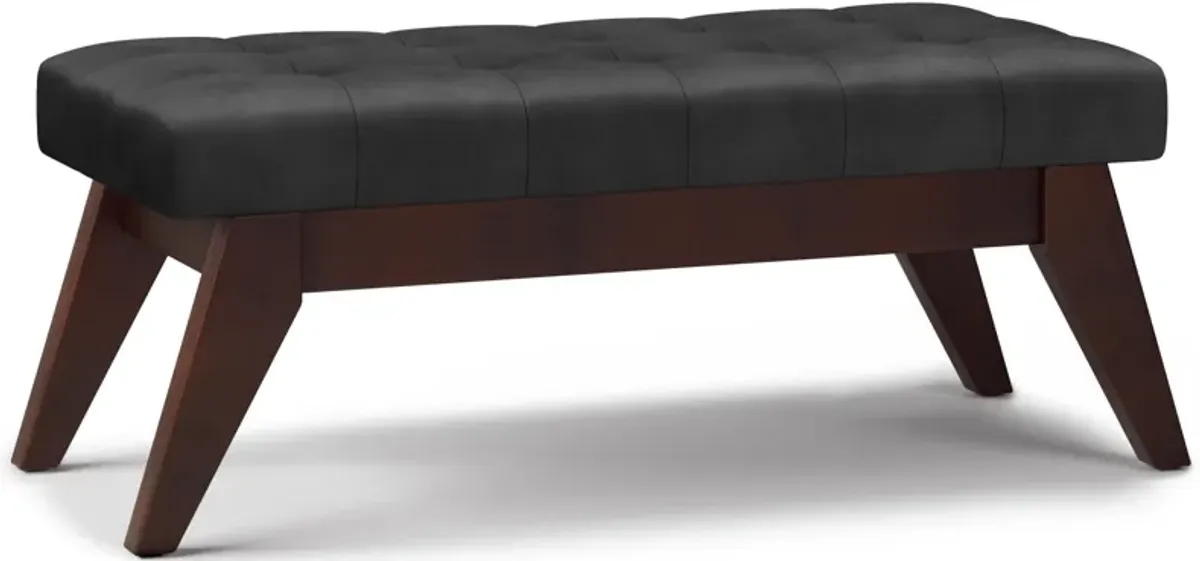 Draper Mid Century Tufted Ottoman Bench in Distressed Black Faux Leather