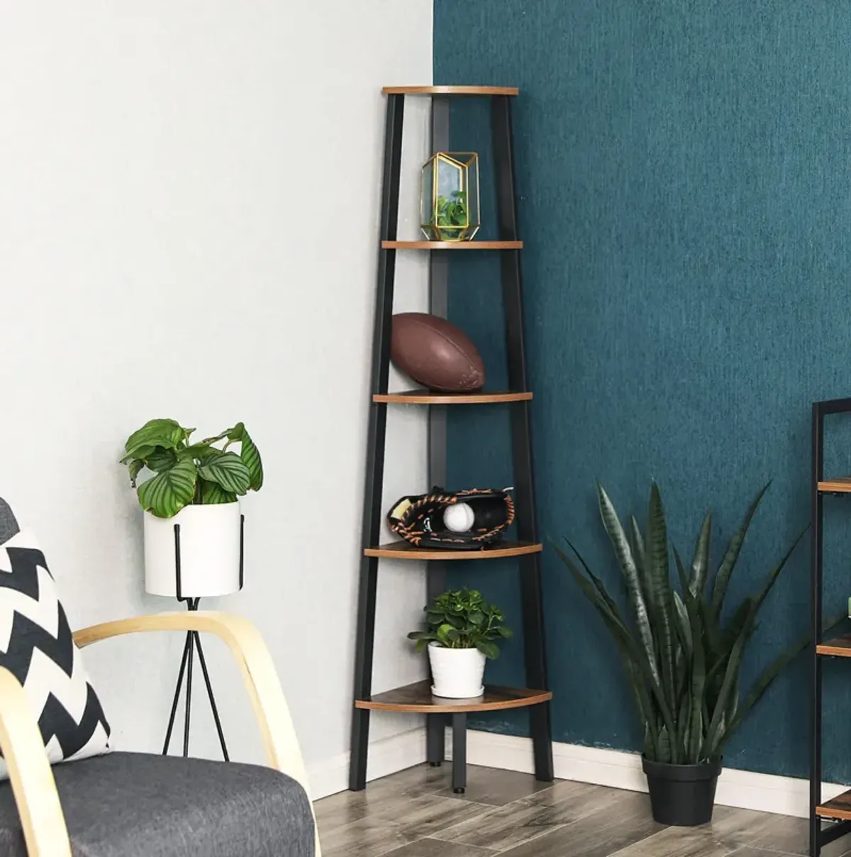 5-Tier Industrial Corner Bookshelf – Wood Look & Metal Frame