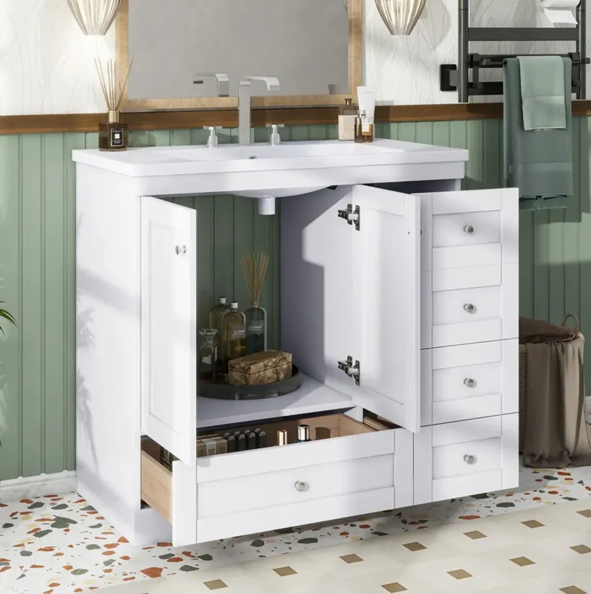 Gewnee 36 inch Shaker Style Free-Standing Bathroom Vanity Cabinet with Sink, 4 Soft-close Drawers and 2 Soft-close doors