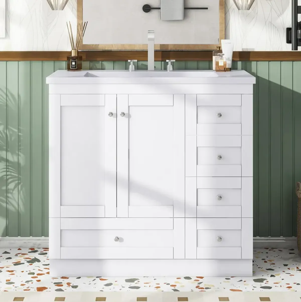 Gewnee 36 inch Shaker Style Free-Standing Bathroom Vanity Cabinet with Sink, 4 Soft-close Drawers and 2 Soft-close doors