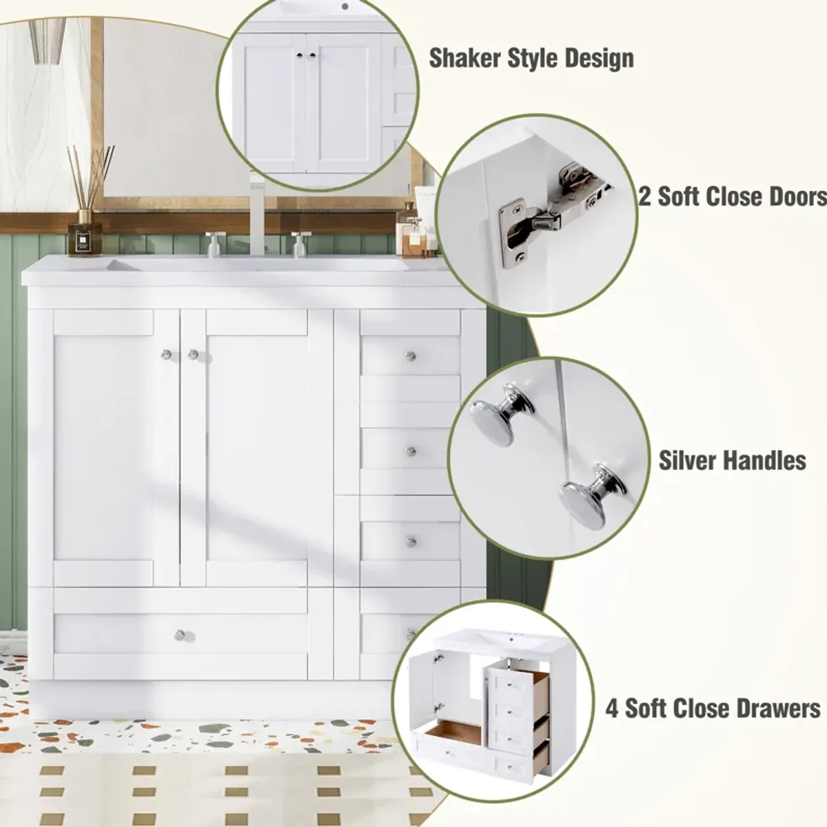 Gewnee 36 inch Shaker Style Free-Standing Bathroom Vanity Cabinet with Sink, 4 Soft-close Drawers and 2 Soft-close doors