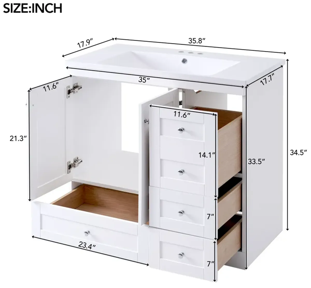 Gewnee 36 inch Shaker Style Free-Standing Bathroom Vanity Cabinet with Sink, 4 Soft-close Drawers and 2 Soft-close doors