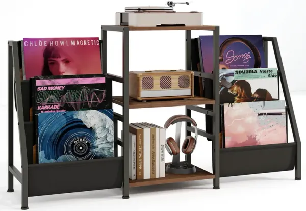 Record Player Stand with 3 Shelves – Holds Up to 200 Albums