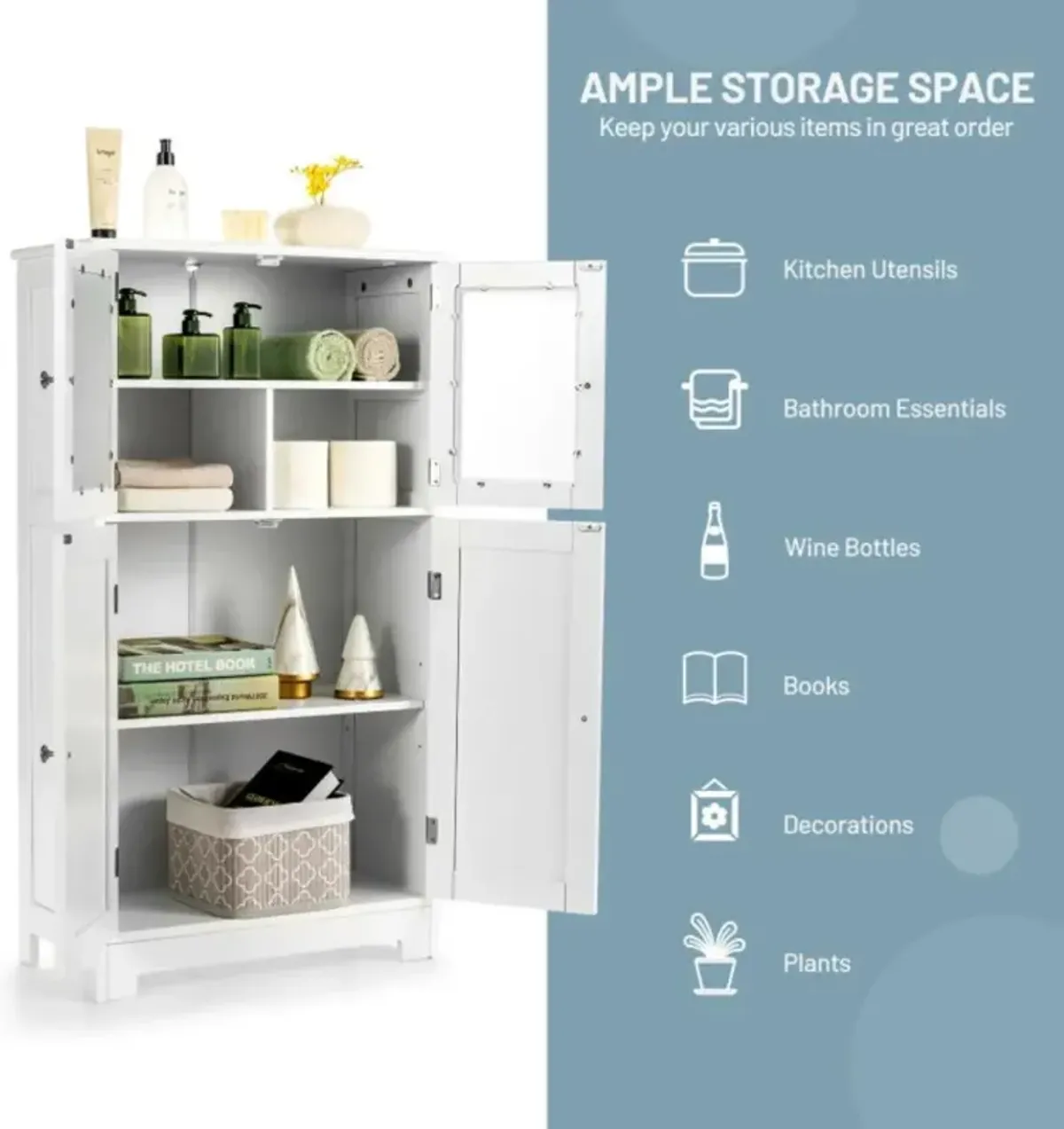 Hivvago Bathroom Floor Storage Locker Kitchen Cabinet with Doors and Adjustable Shelf