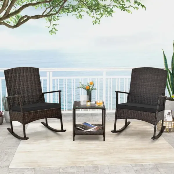 Hivvago 3 Piece Patio Rocking Set Wicker Rocking Chairs with 2-Tier Coffee Table