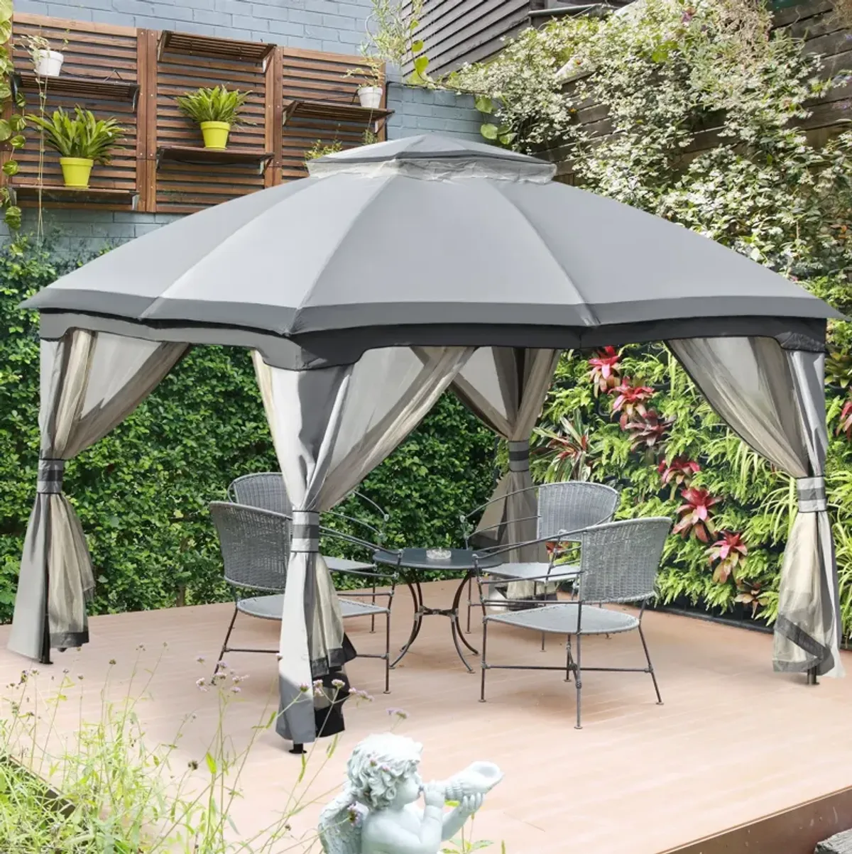 Gray Outdoor Haven: 10x12 Gazebo with Vented Canopy and Sidewalls