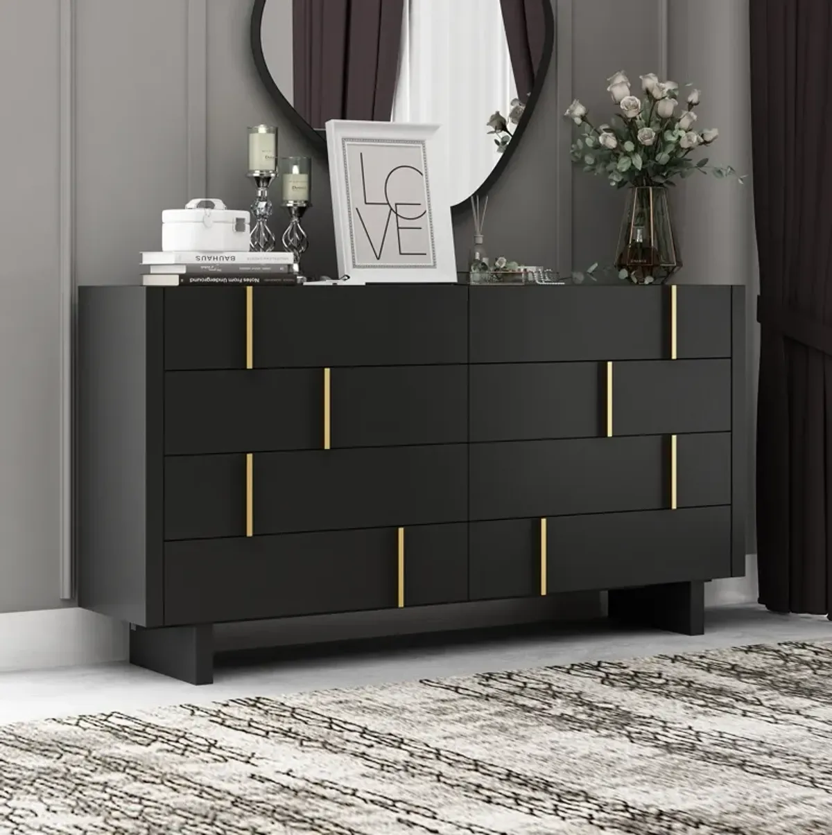 FUFU&GAGA Modern Black 8-Drawer Dresser with Gold Accent, (70.9" W x 15.6" D x 37.3" H), Black