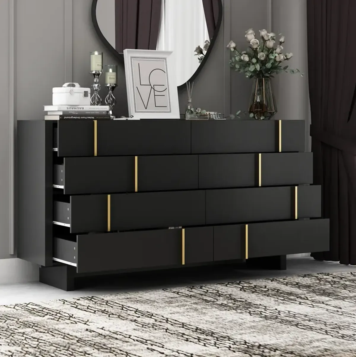 FUFU&GAGA Modern Black 8-Drawer Dresser with Gold Accent, (70.9" W x 15.6" D x 37.3" H), Black