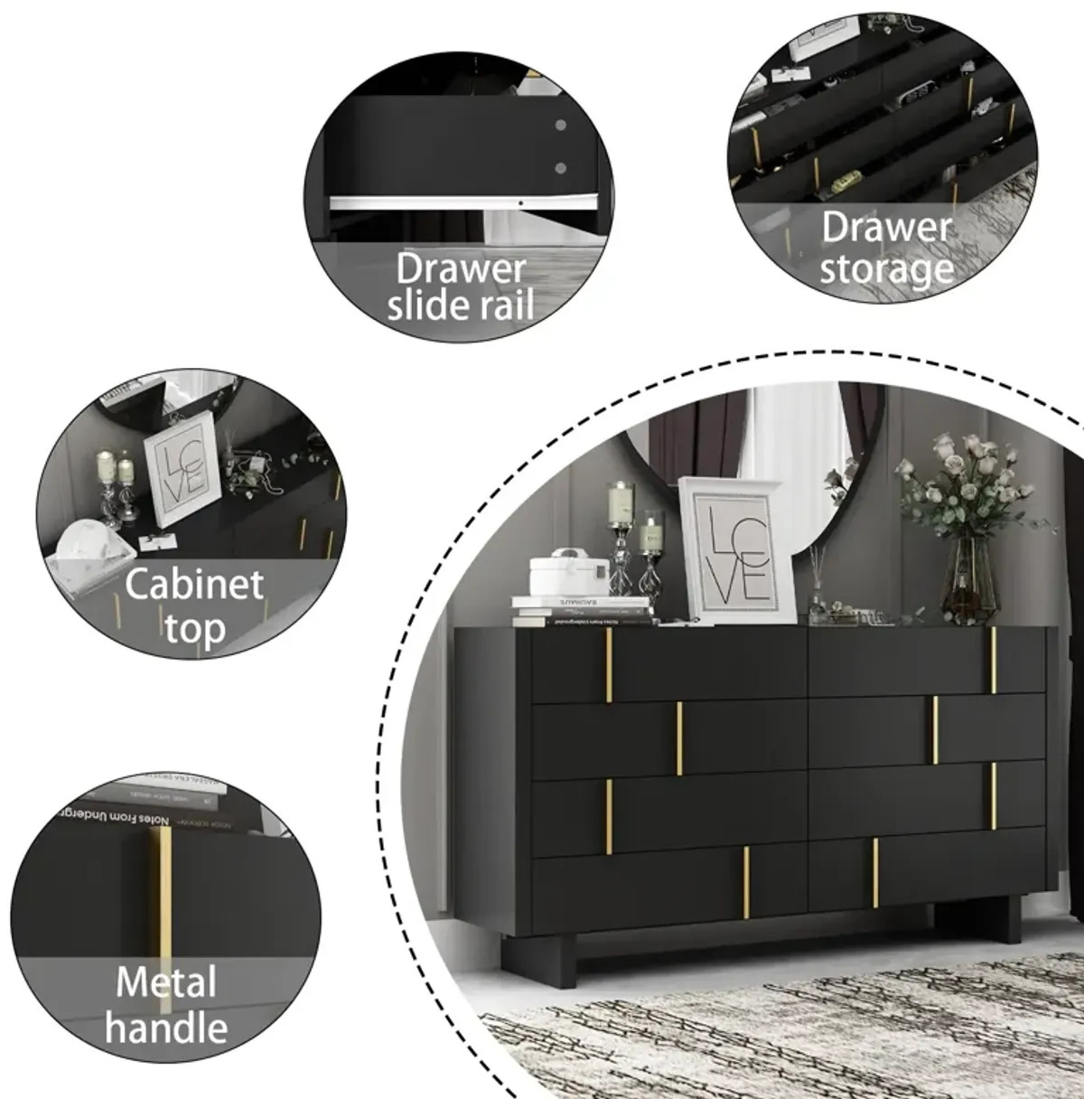 FUFU&GAGA Modern Black 8-Drawer Dresser with Gold Accent, (70.9" W x 15.6" D x 37.3" H), Black