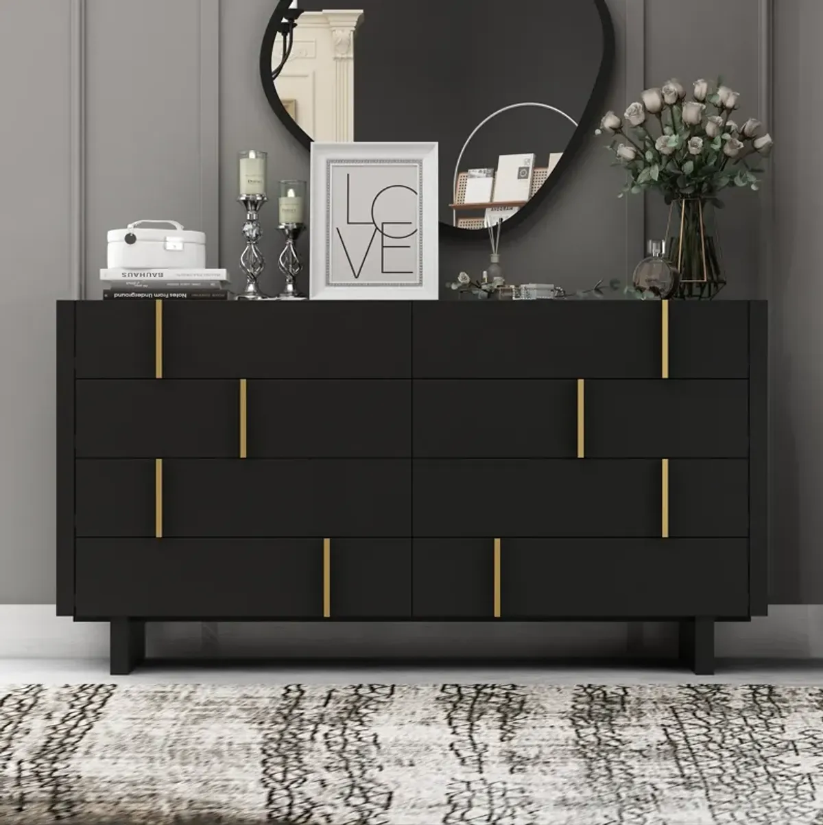 FUFU&GAGA Modern Black 8-Drawer Dresser with Gold Accent, (70.9" W x 15.6" D x 37.3" H), Black