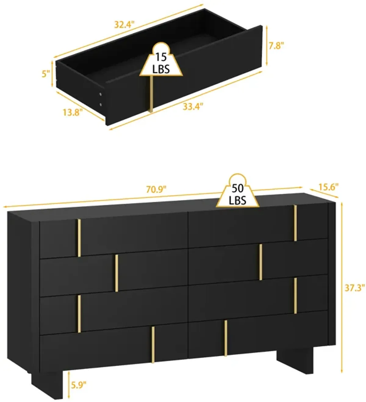 FUFU&GAGA Modern Black 8-Drawer Dresser with Gold Accent, (70.9" W x 15.6" D x 37.3" H), Black