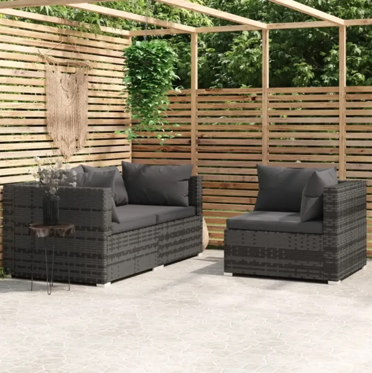 vidaXL 3 Piece Patio Lounge Set with Cushions Gray Poly Rattan