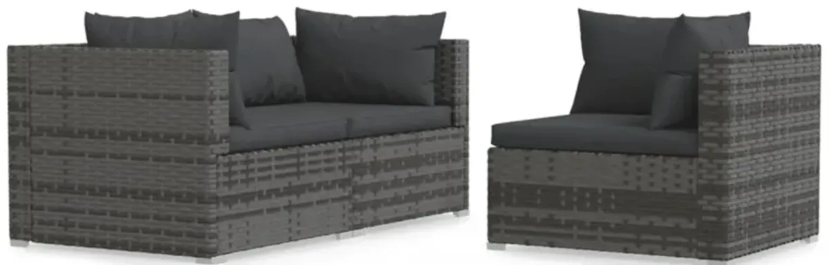 vidaXL 3 Piece Patio Lounge Set with Cushions Gray Poly Rattan