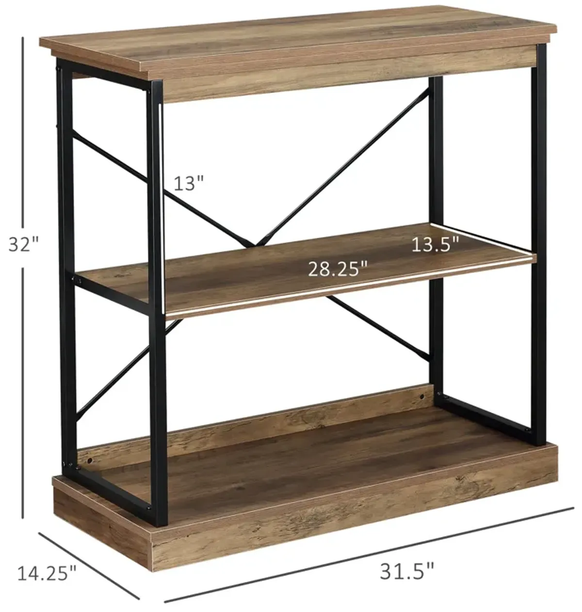 Brown Industrial Shelf: 2-Tier Wooden Storage Rack with Steel Frame