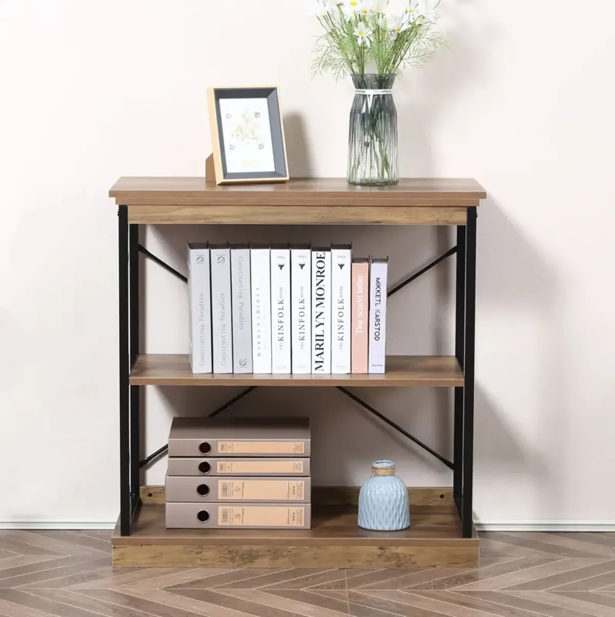 Brown Industrial Shelf: 2-Tier Wooden Storage Rack with Steel Frame