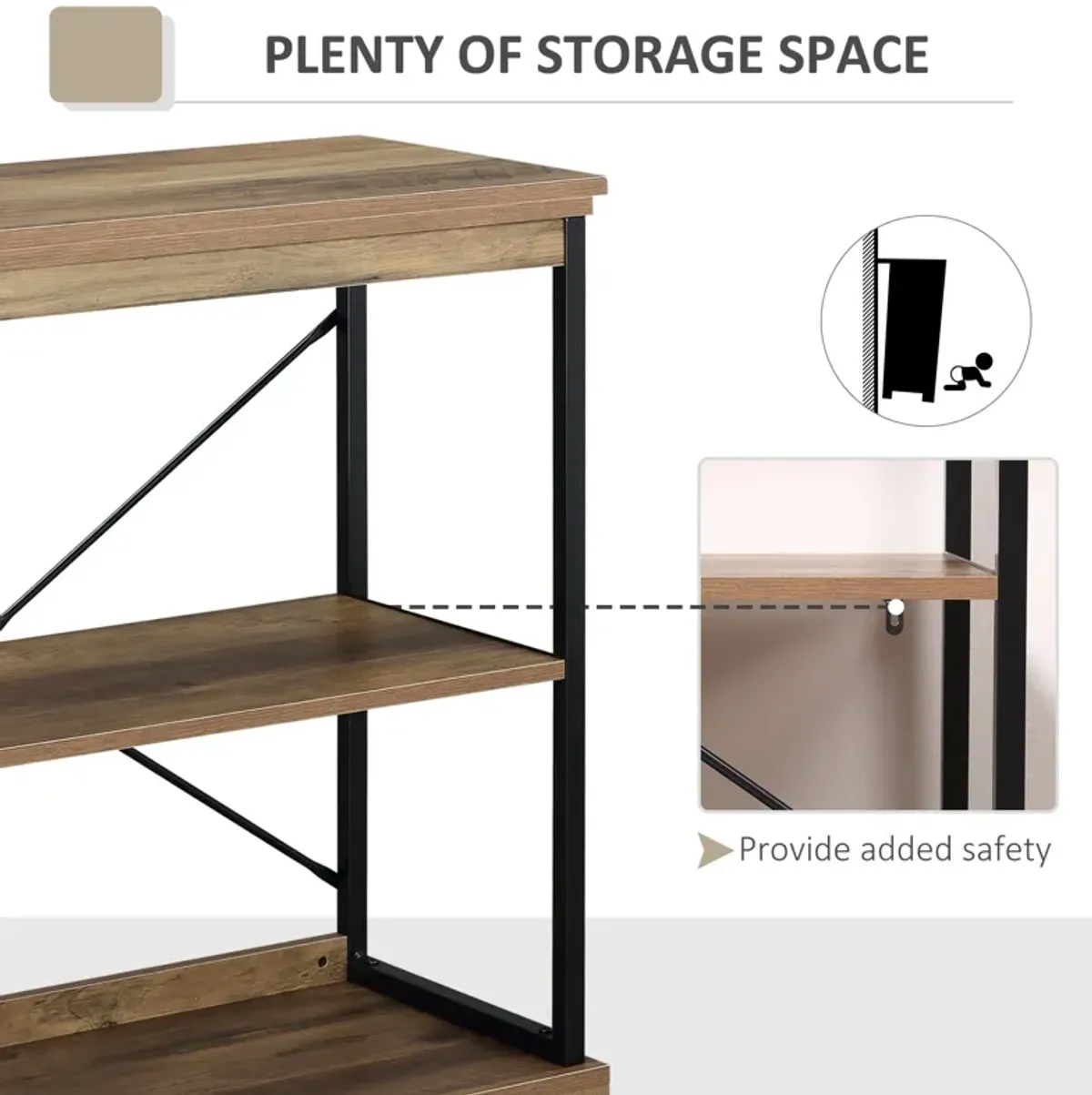 Brown Industrial Shelf: 2-Tier Wooden Storage Rack with Steel Frame