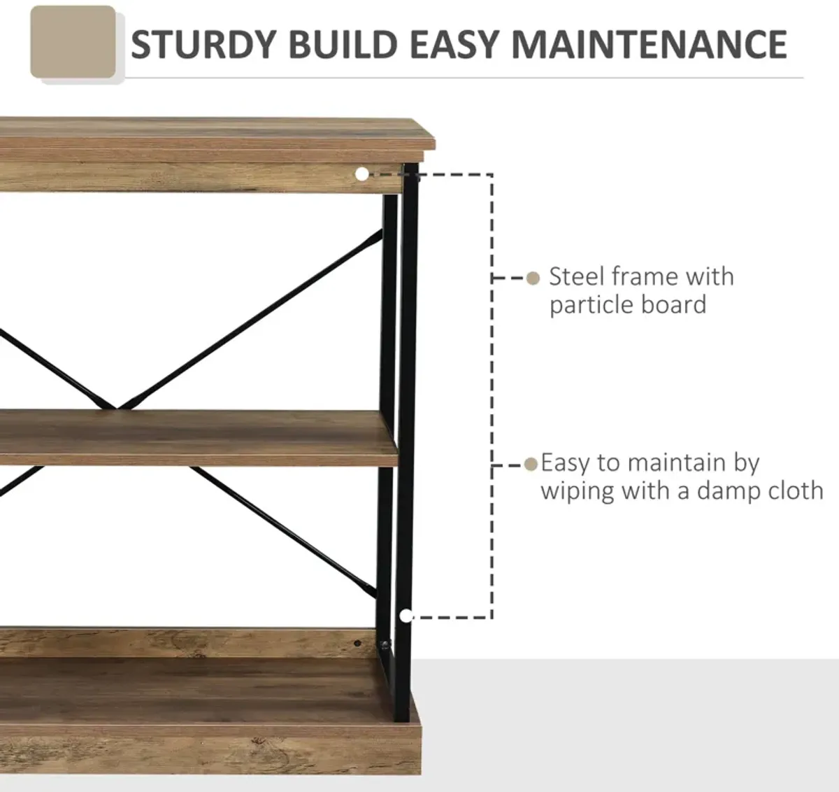 Brown Industrial Shelf: 2-Tier Wooden Storage Rack with Steel Frame