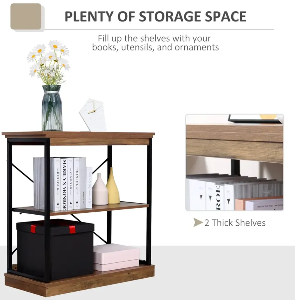 Brown Industrial Shelf: 2-Tier Wooden Storage Rack with Steel Frame