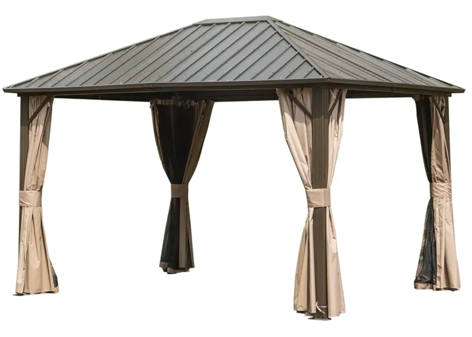 MONDAWE 10x12ft Permanent Outdoor Galvanized Steel Roof Gazebo with Aluminum Frame, Pavilion Metal Gazebos with Netting & Curtains for Garden, Patios, Lawns, Parties(Dark Brown)