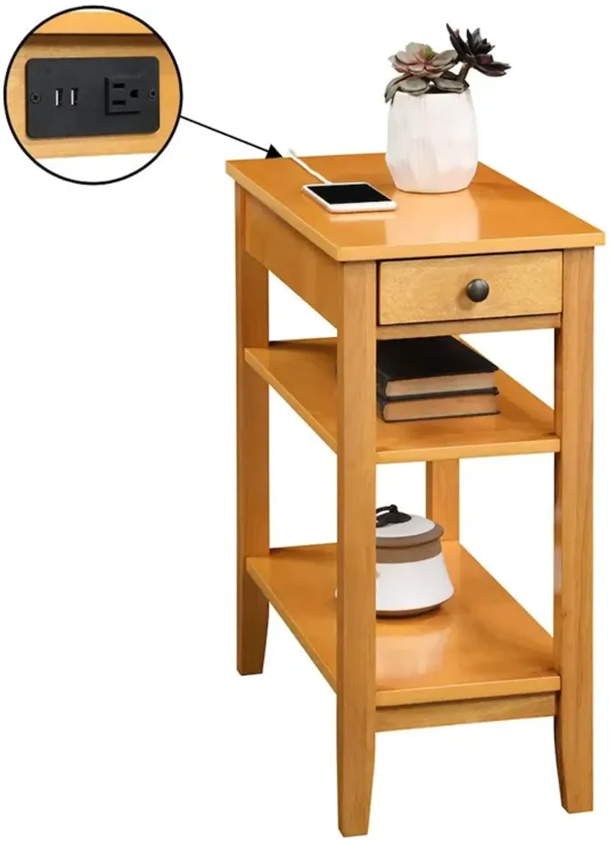 Convenience Concepts American Heritage 1 Drawer Chairside End Table with Charging Station and Shelves