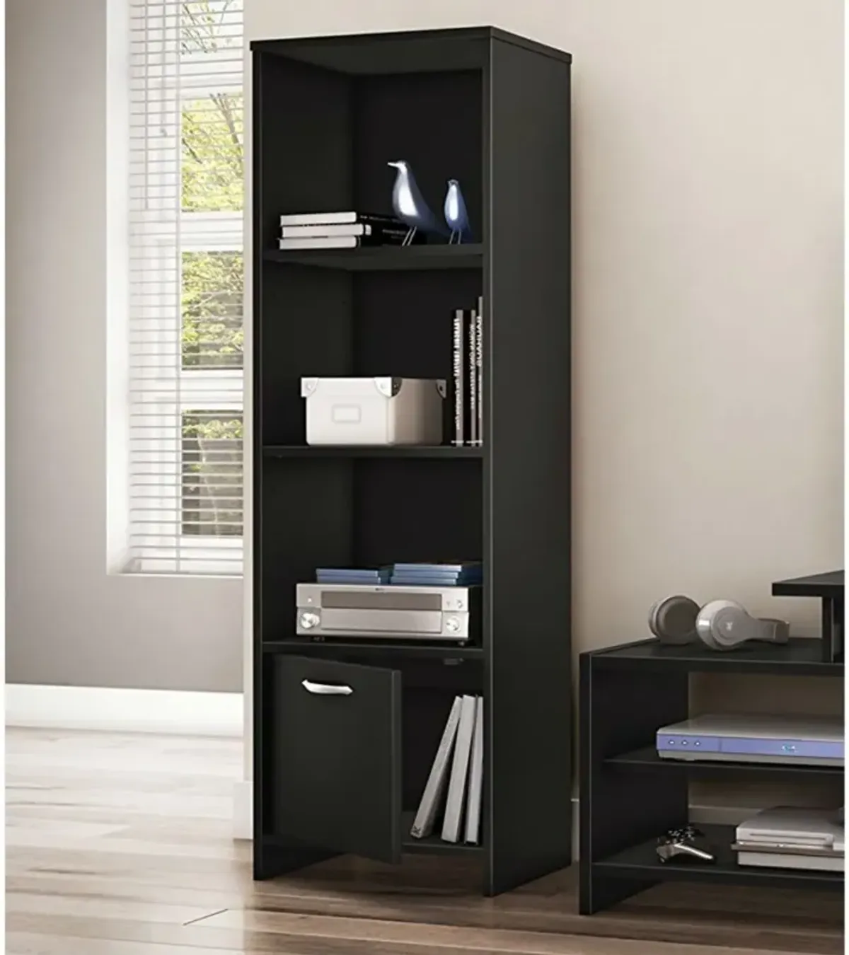 Hivvago Modern Bookcase with 3 Shelves & Bottom Door in Black