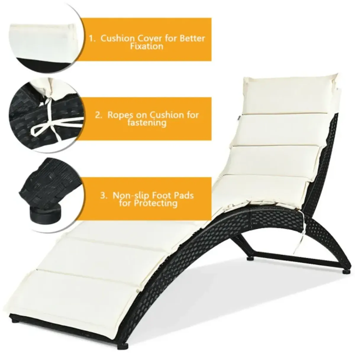 Hivvago Folding Patio Rattan Portable Lounge Chair Chaise with Cushion