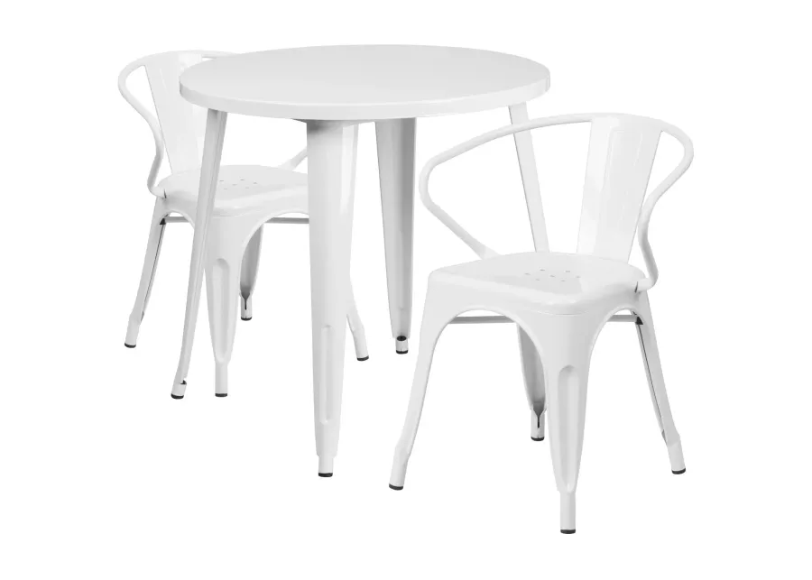 Flash Furniture Conrad Commercial Grade 30" Round White Metal Indoor-Outdoor Table Set with 2 Arm Chairs