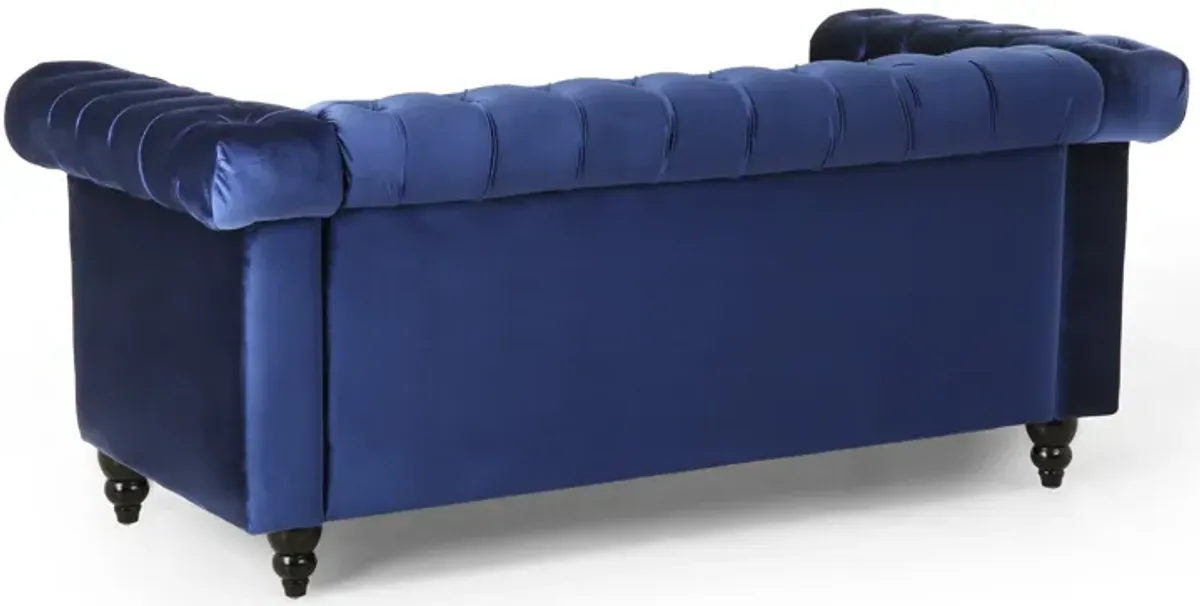 Misha 61 Inch Loveseat Sofa, Nailhead Trim, Channel Stitch Blue Velvet - Benzara