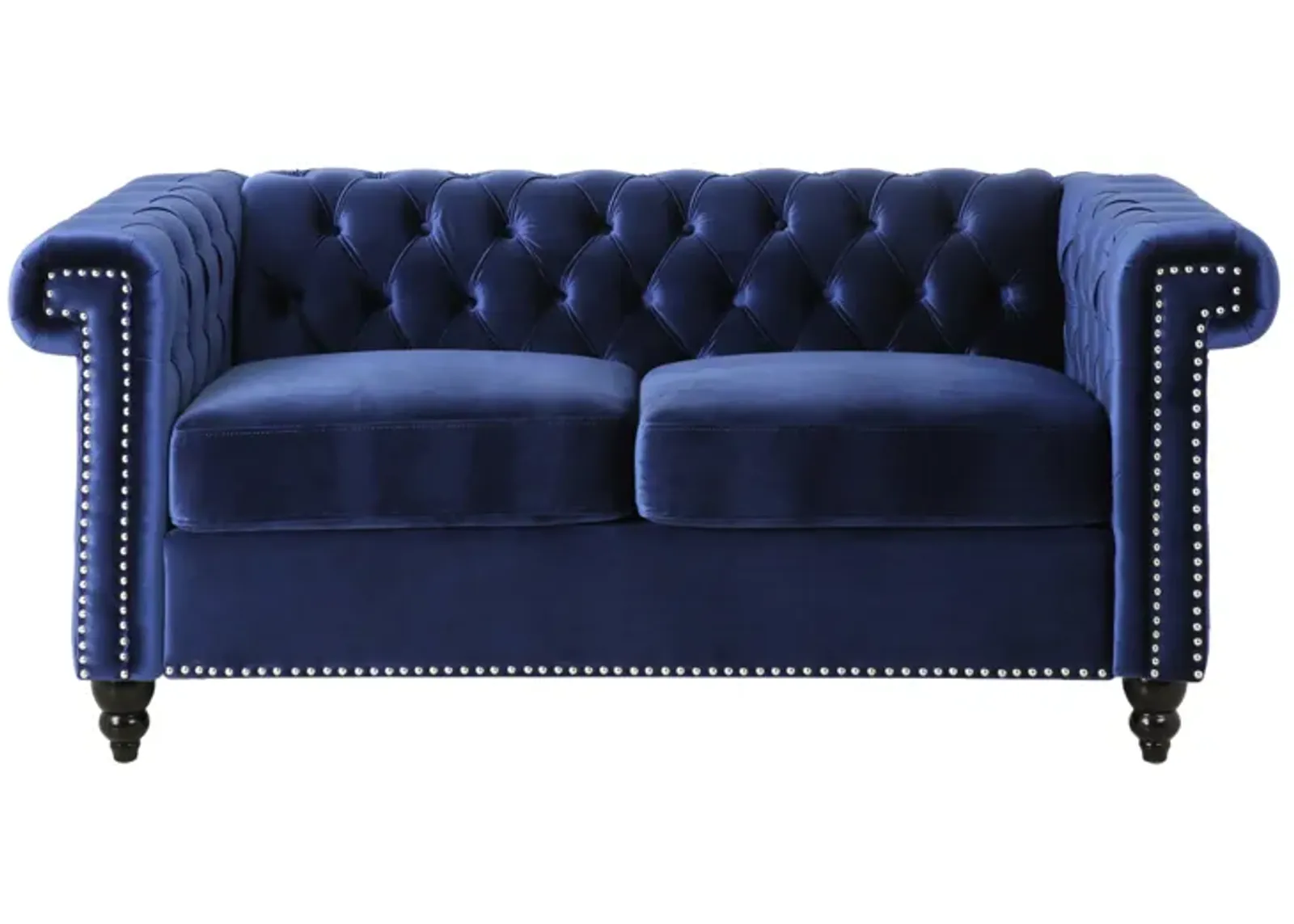 Misha 61 Inch Loveseat Sofa, Nailhead Trim, Channel Stitch Blue Velvet - Benzara