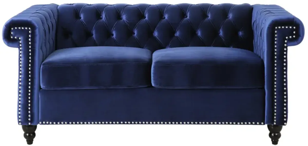 Misha 61 Inch Loveseat Sofa, Nailhead Trim, Channel Stitch Blue Velvet - Benzara