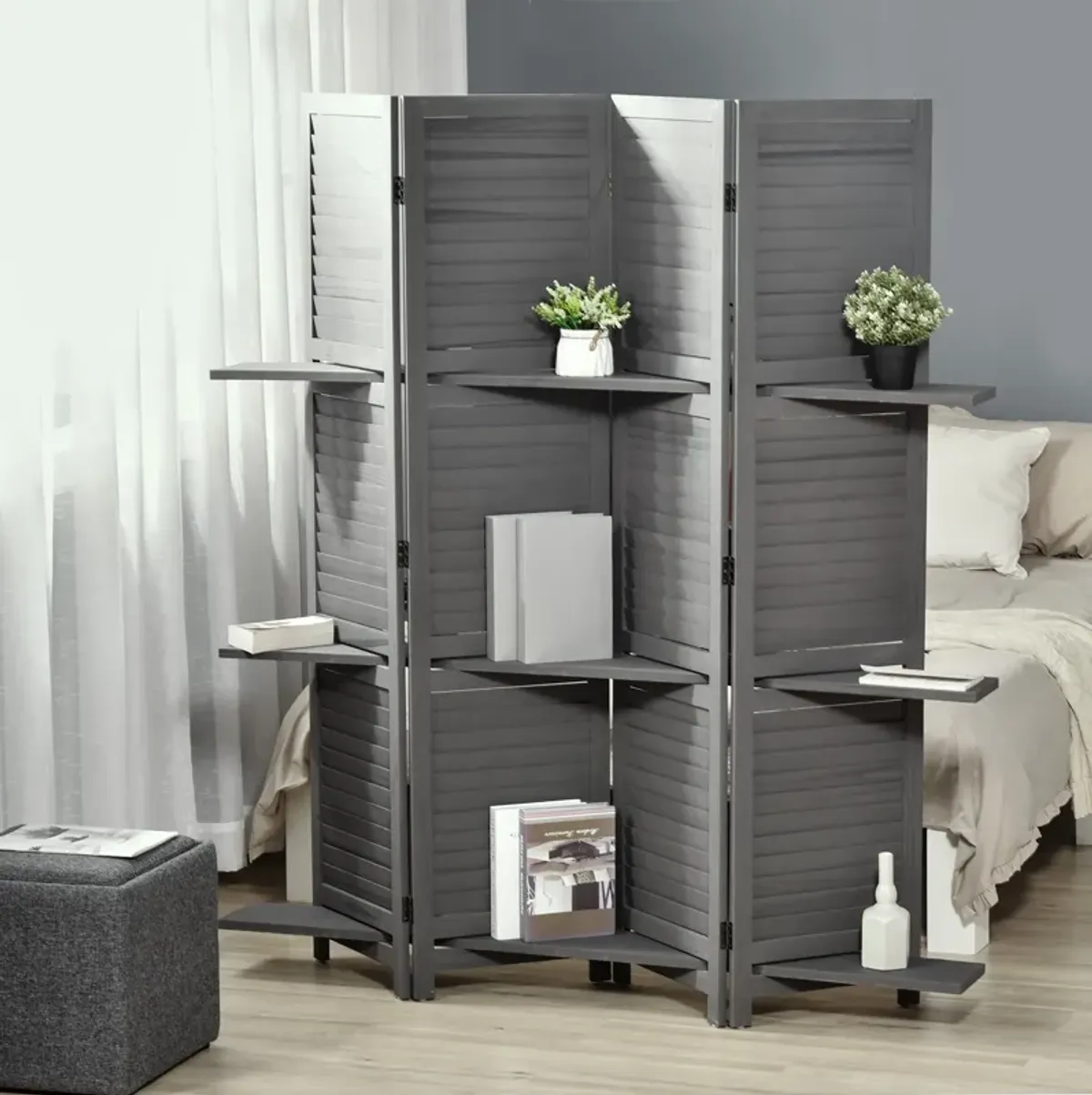 Wood Mobile Folding Privacy Screen Partition Wall Room Divider w/ Shelves Grey