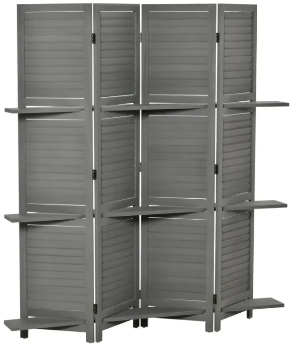 Wood Mobile Folding Privacy Screen Partition Wall Room Divider w/ Shelves Grey
