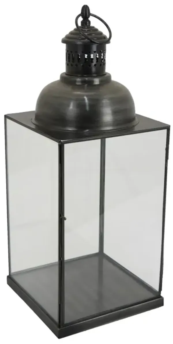 Laila Lantern, Black Metal, Glass Panels, Square Base, 18 Inch Tall - Benzara