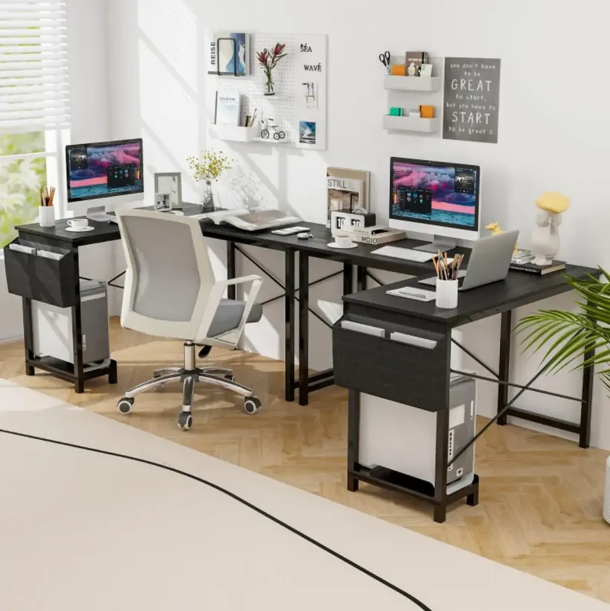 Hivvago Modern Reversible Computer Desk with Storage Pocket and CPU Stand for Working Writing Gaming