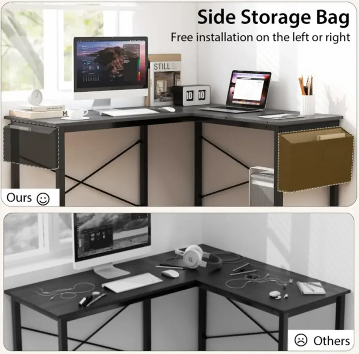 Hivvago Modern Reversible Computer Desk with Storage Pocket and CPU Stand for Working Writing Gaming