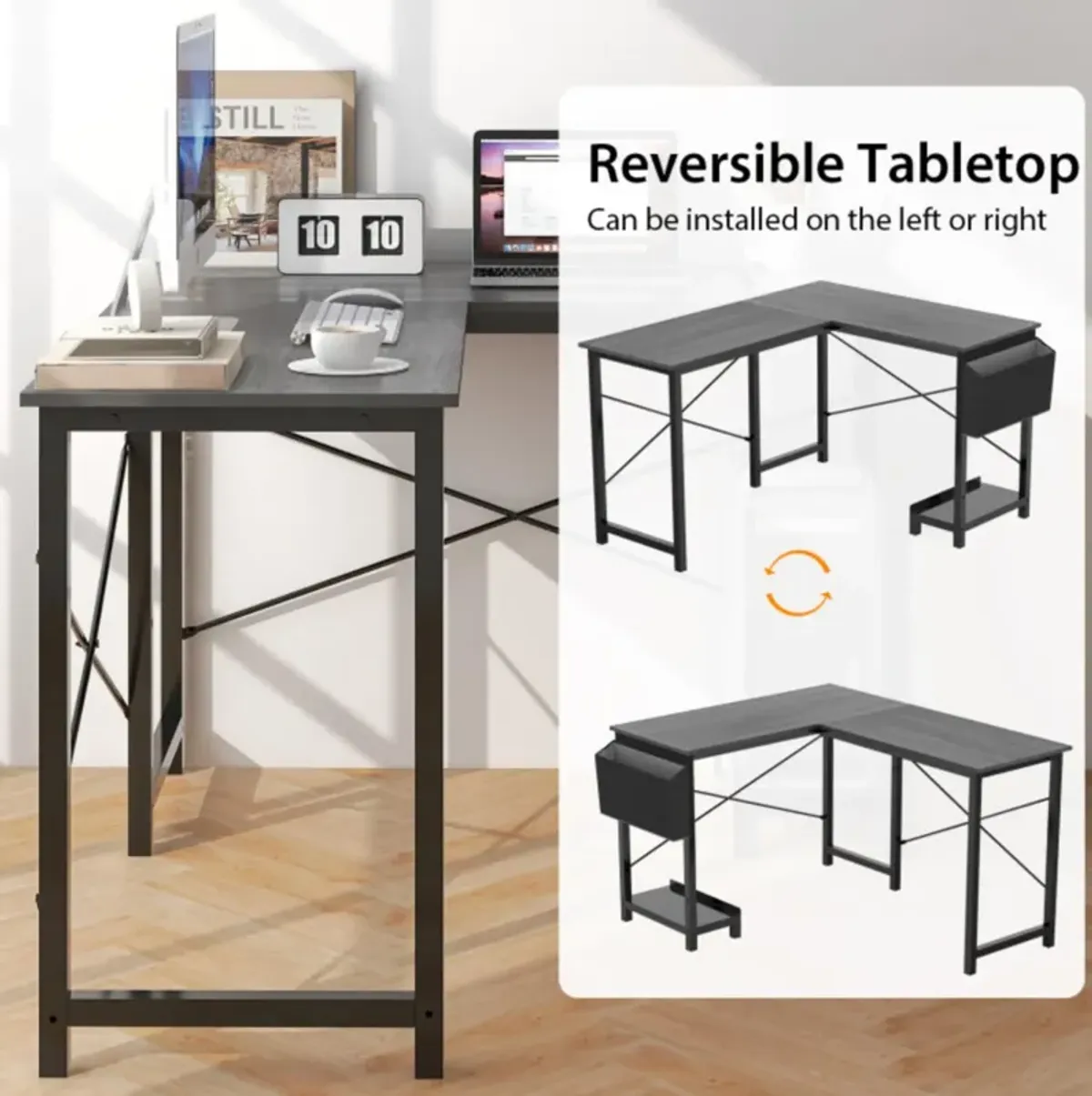 Hivvago Modern Reversible Computer Desk with Storage Pocket and CPU Stand for Working Writing Gaming