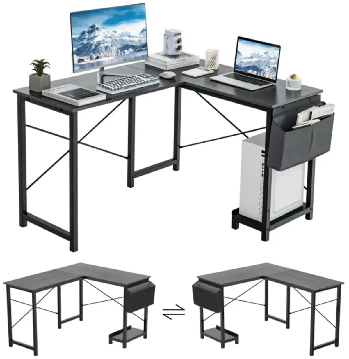 Hivvago Modern Reversible Computer Desk with Storage Pocket and CPU Stand for Working Writing Gaming