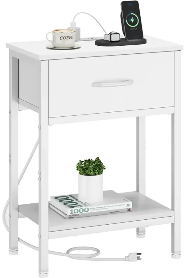 Vagusicc White Nightstand with Charging Station, End Table with Fabric Drawer, Small Side Table with 2-Tier Storage Shelves, 25.